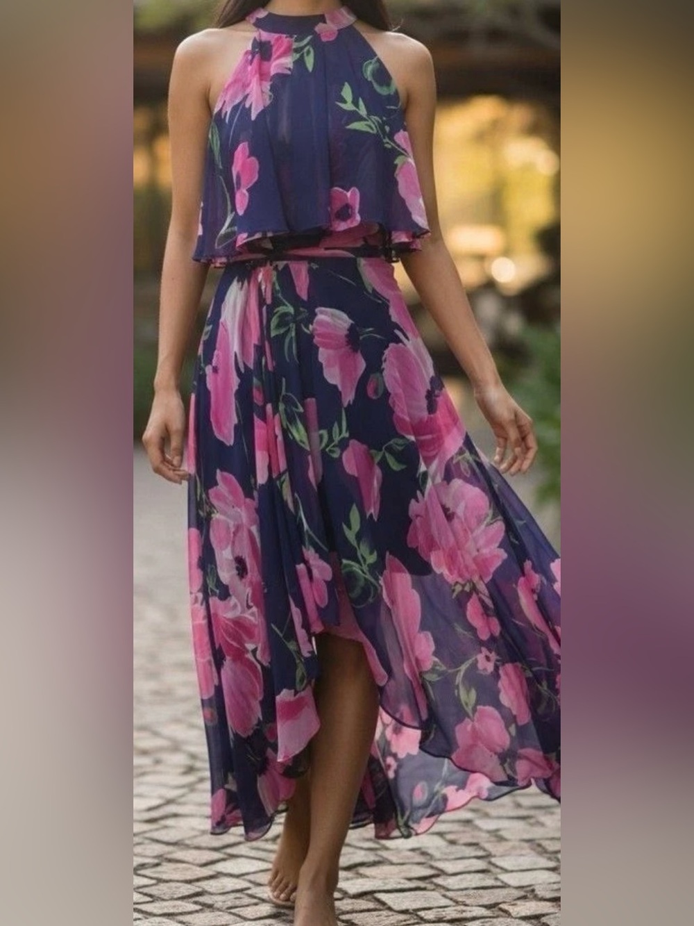 ELIZA J Navy Pink Floral Print Halter Neck Chiffon Hi/Lo Midi Dress 10 NEW